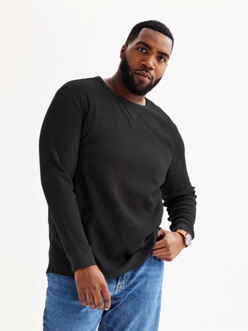 NWOT Sonoma Men's Black Waffle-Knit Long-Sleeve Crew